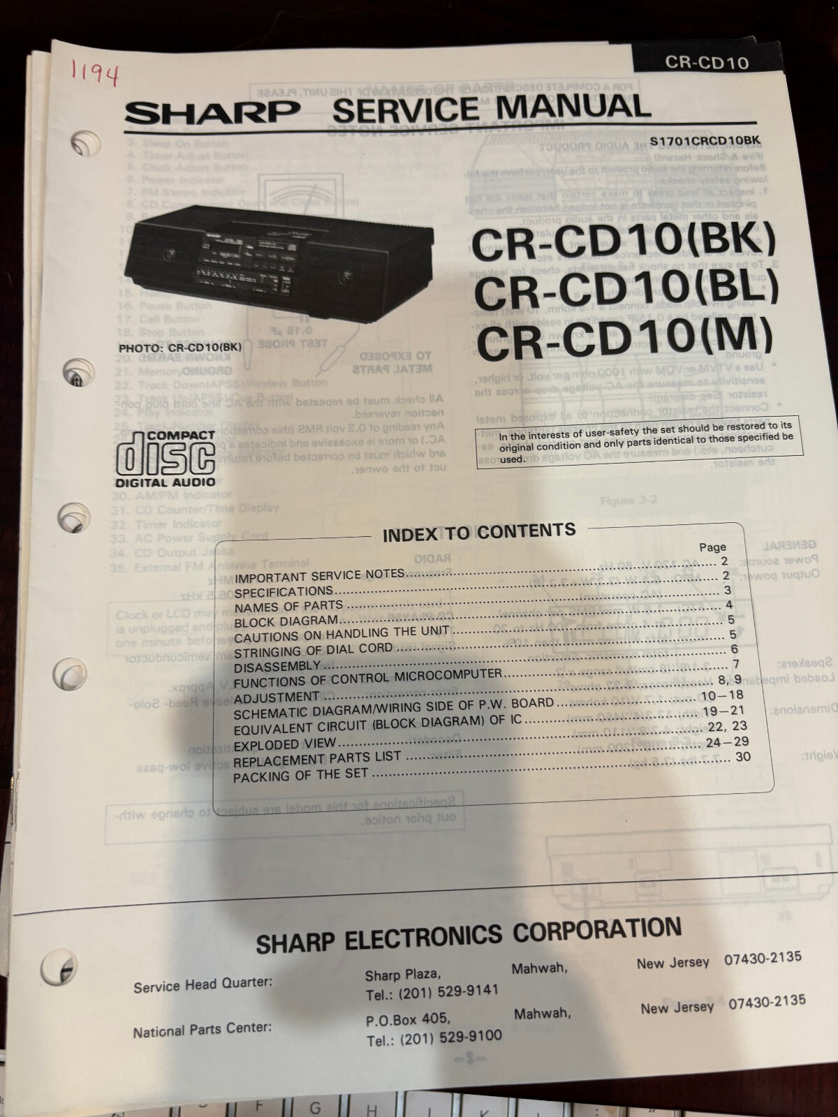ORIG. SHARP CR-CD10 CR-CD10BK CR-CD10BL M Repair & Service Manual *ORIGINAL*