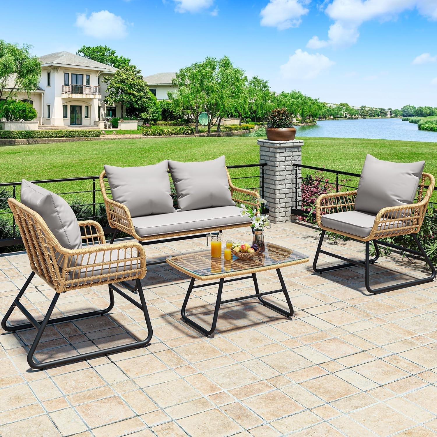 4-Piece Patio Furniture Wicker Outdoor Bistro Set All-Weather Rattan