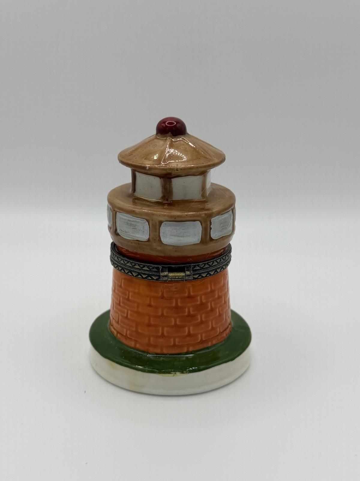 Lighthouse Trinket Box Ceramic Glossy Lidded Multicolor Nautical Brick