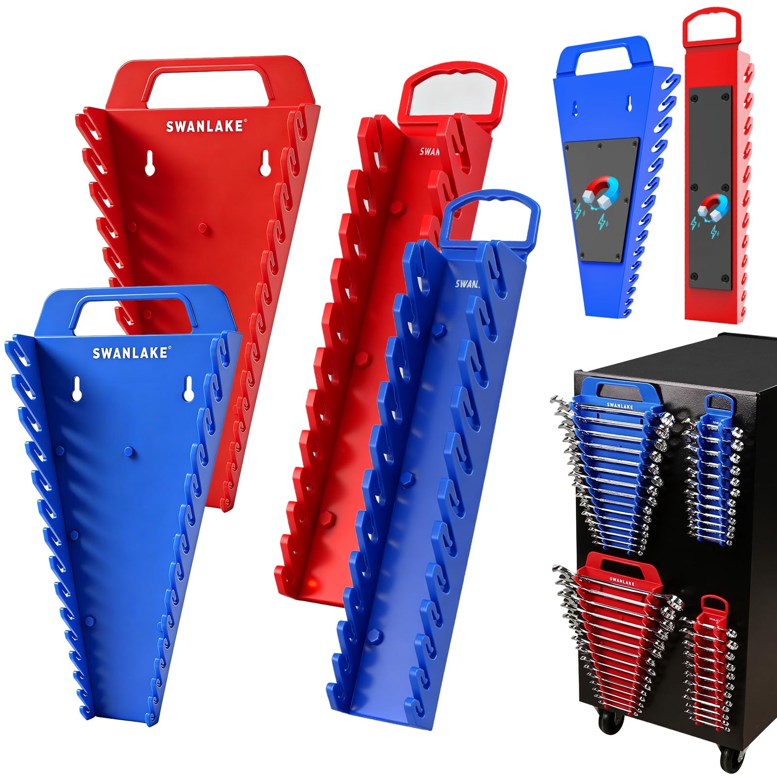 SWANLAKE 4-Pack Magnetic Wrench 54 Slots Organizer, 54-Slot Red&Blue
