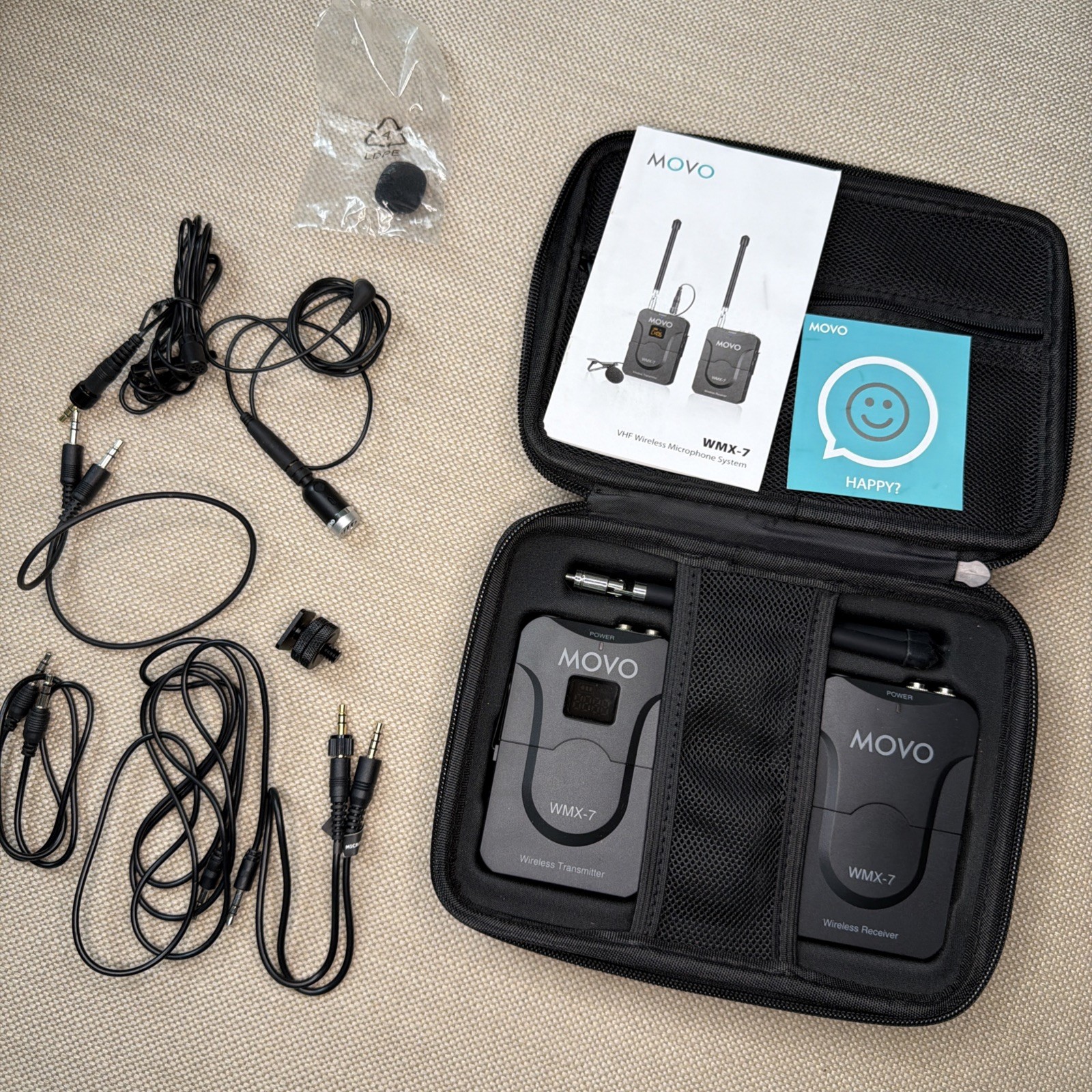 Movo WMX-7 Wireless Lavalier Microphone System Transmitter Receiver Set + Case