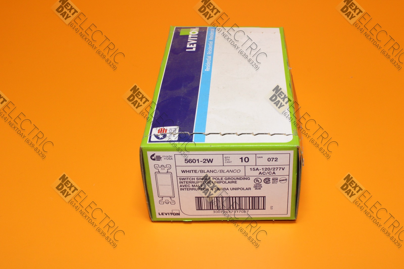 Leviton, 5601-2W, White Switch Wall Single Pole Grounding 15a-120v Decora