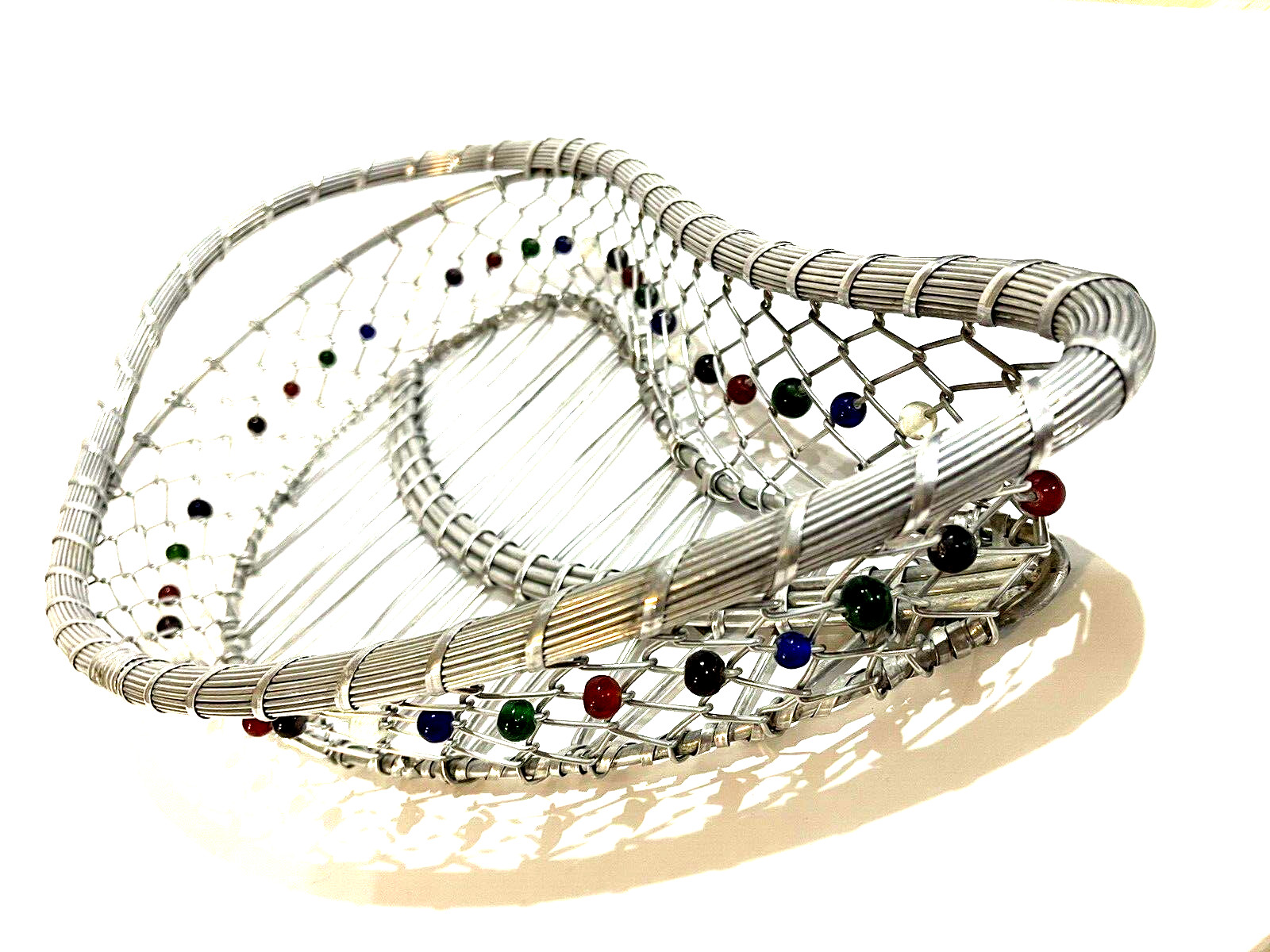 IHI Kidney Shaped Woven Silver Metal Basket Handcrafted Decor India w/ Beads 17"