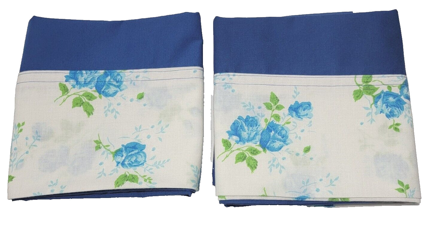 2 Blue Pillowcases with a white floral cuff 20 X 28 Standard Size