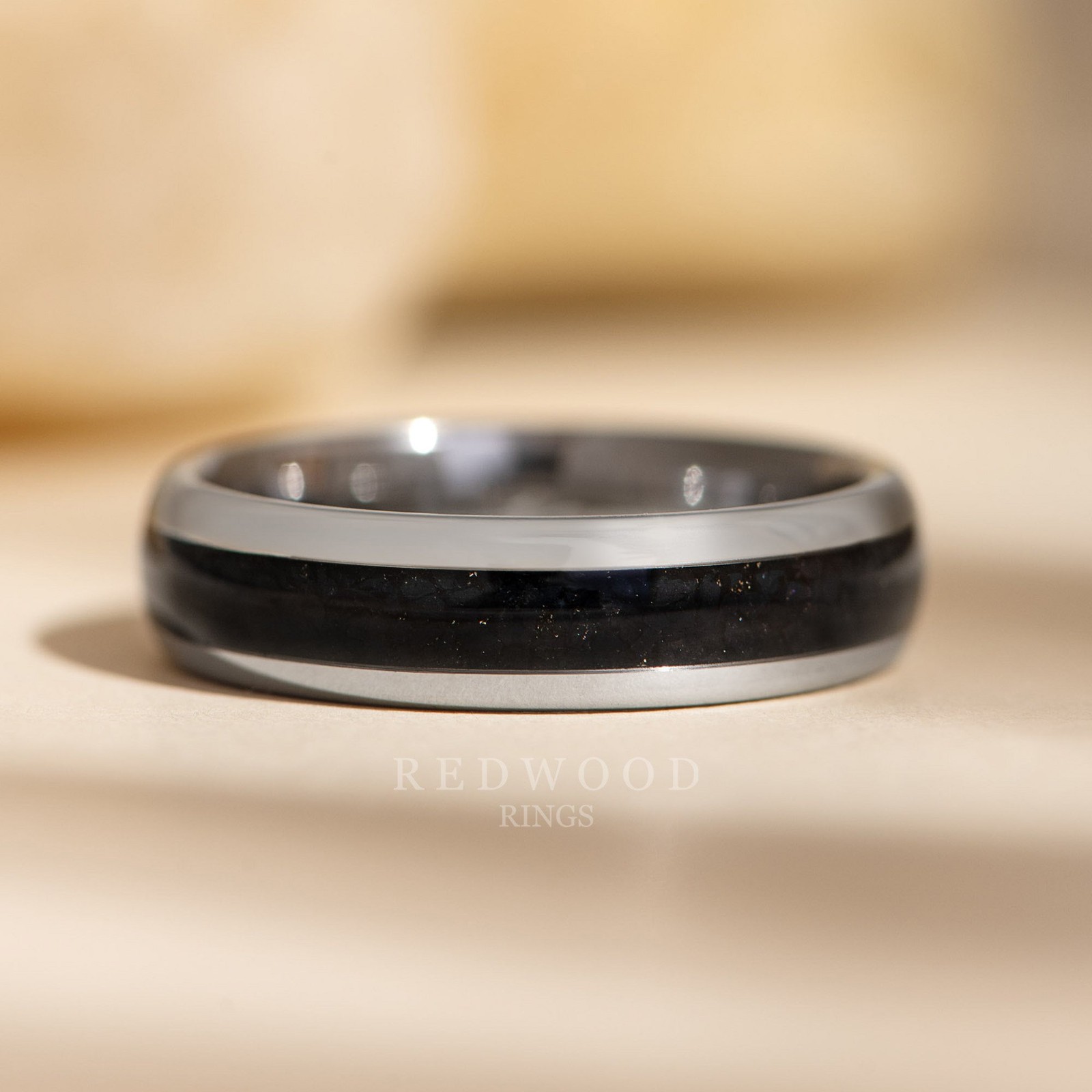 Silver Tungsten Ring, Black Onyx Gemstone Inlay - 6MM