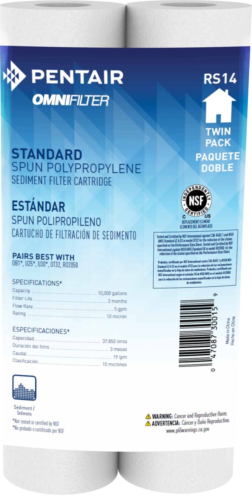 Pentair RS14 Sediment Water Filter, 10-Inch, Standard Whole House Polypropyle...