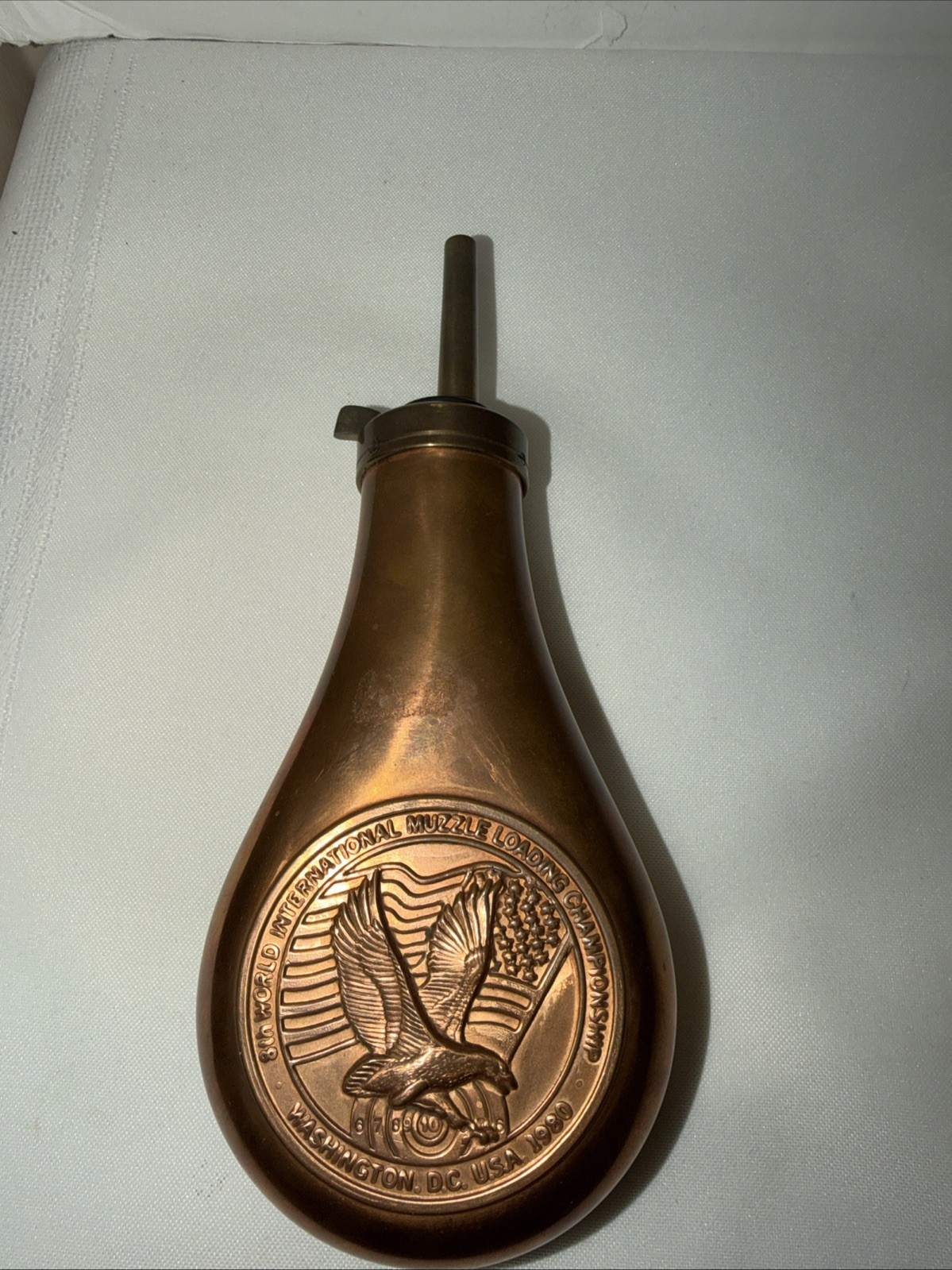 Vtg Copper/Brass Gun Powder Flask 1980 8th Muzzle Loading World Championship
