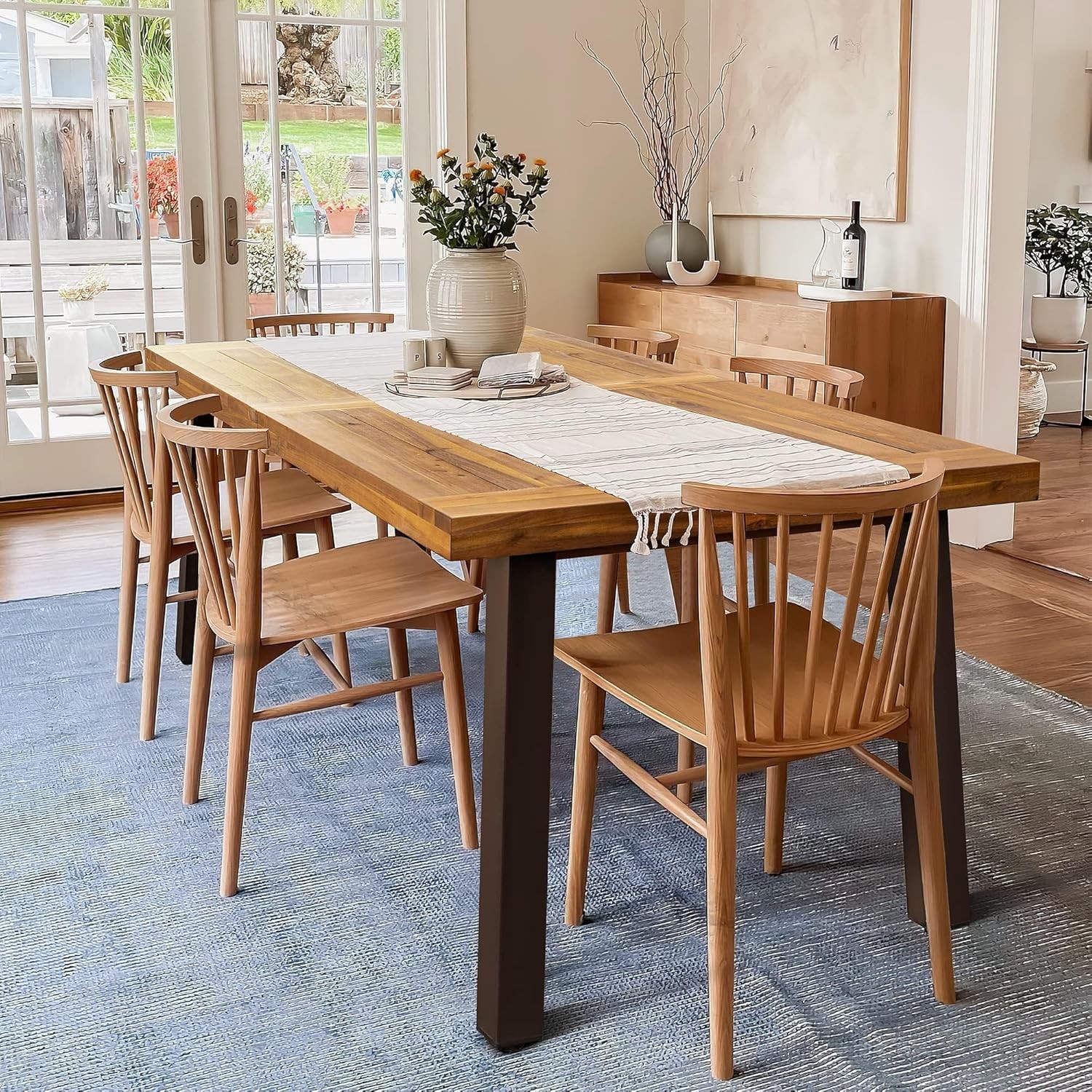 Home Acacia Wood Dining Table Indoor Outdoor Table with Iron Legs,