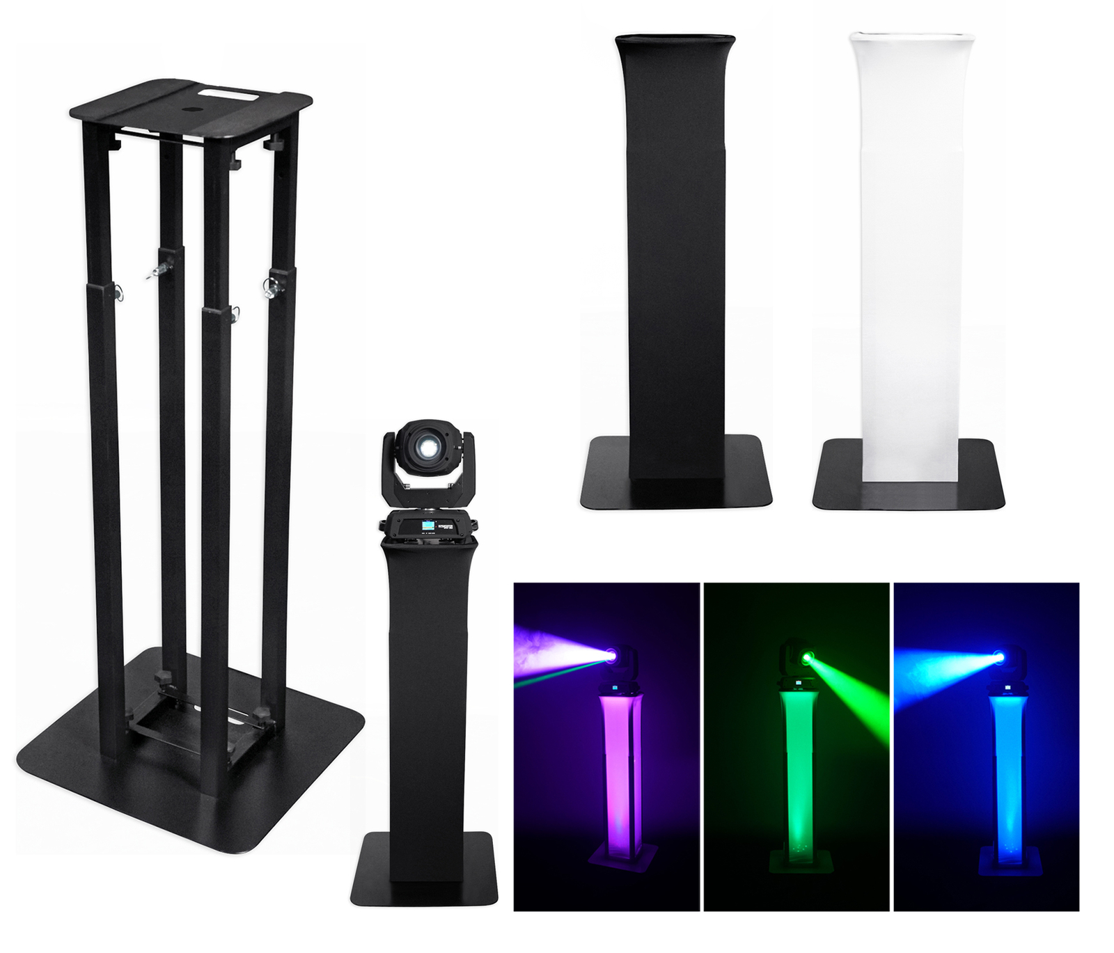 (2) Totem Stands+Black+White Scrims For (2) Chauvet Rogue R2X Spot Lights