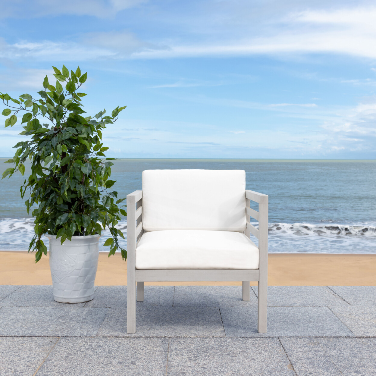 SAFAVIEH Outdoor Collection Kinnell Outdoor Arm Chair | Grey Wood/Beige Cushion