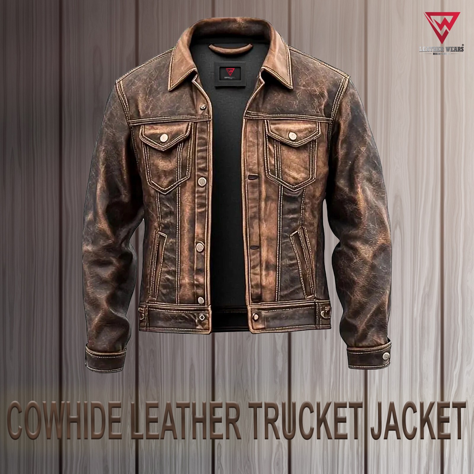 Men Distressed Cowhide Jeans Style Motorcycle Western Trucker Leather Jacket Men