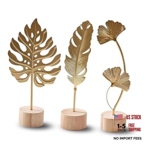 Gold Leaf Home Decor Set - Metal Leaves Statues, Monstera, Feather, Ginkgo