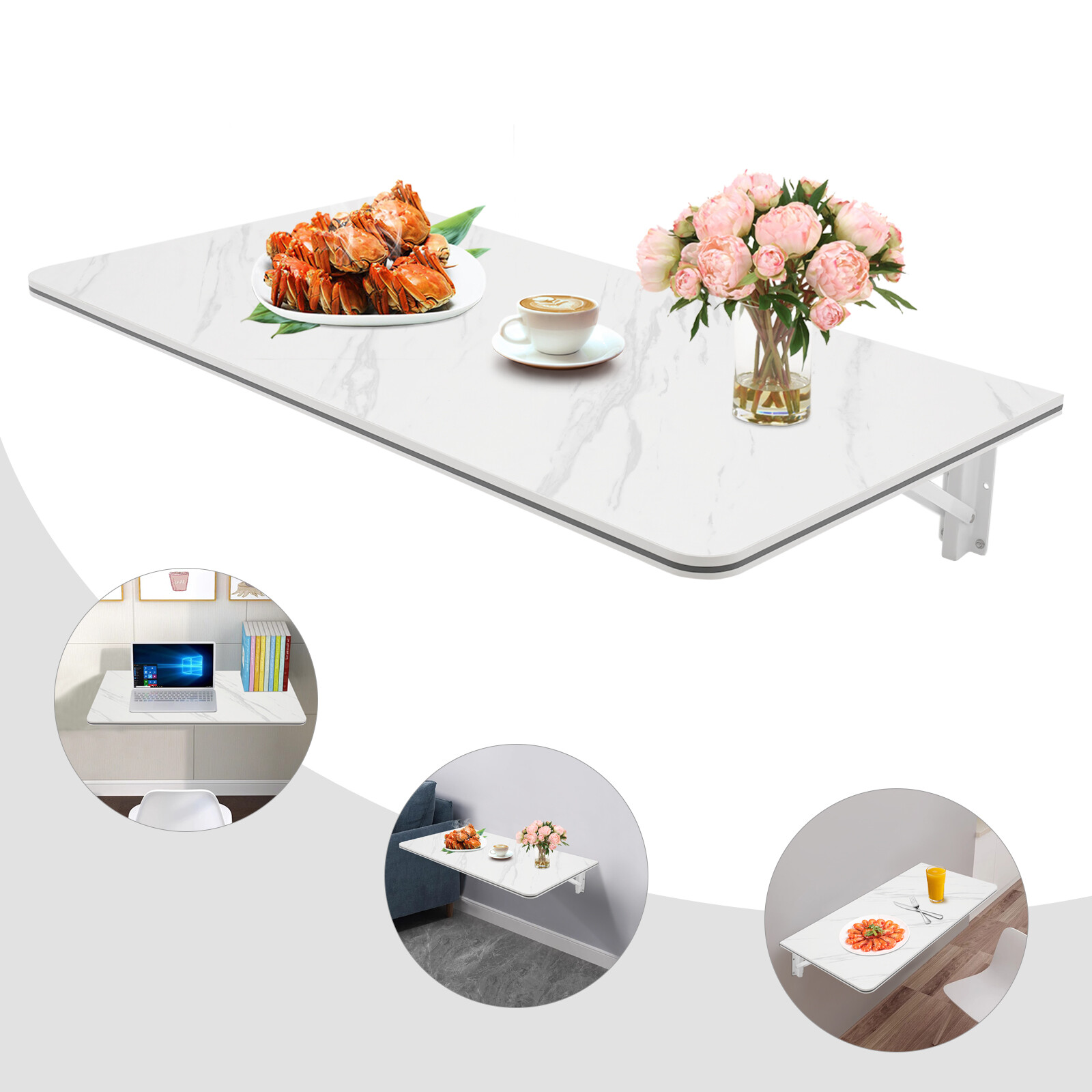 80x40cm White Folding Wall Desk Wall Mounted Folding Table Rectangular Wall Desk
