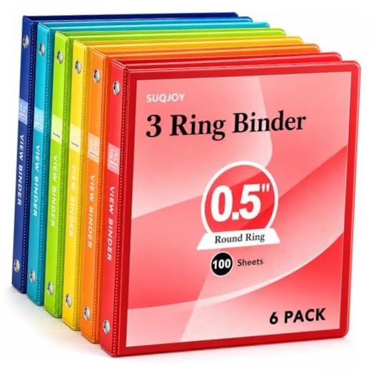 0.5 Inch 3 Ring Binders with 2 Interior Pockets, 0.5 inch Assorted Color 6pack