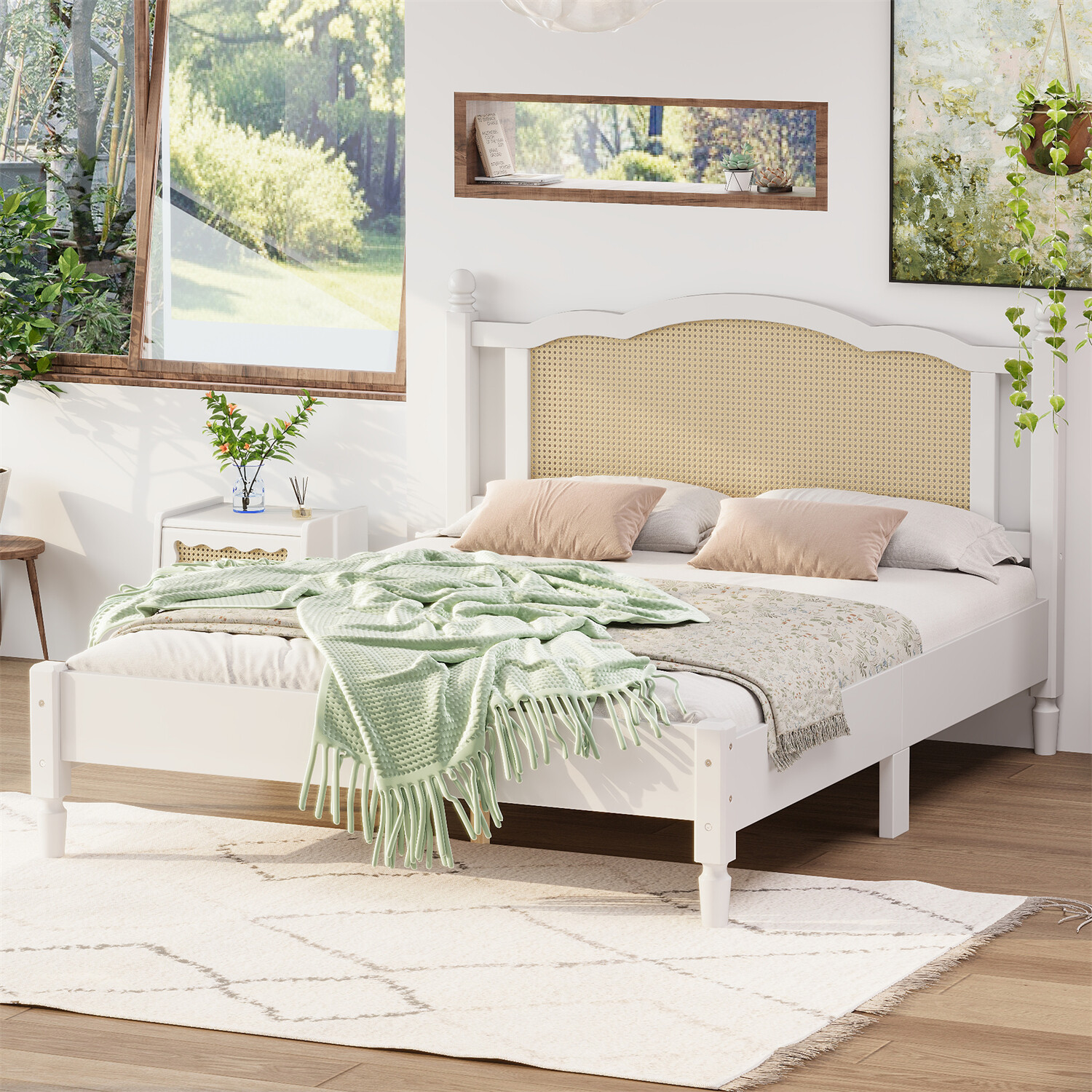 Full/Queen Size Bed Frame Wood Platform Bed with Rattan Headboard White/Walnut