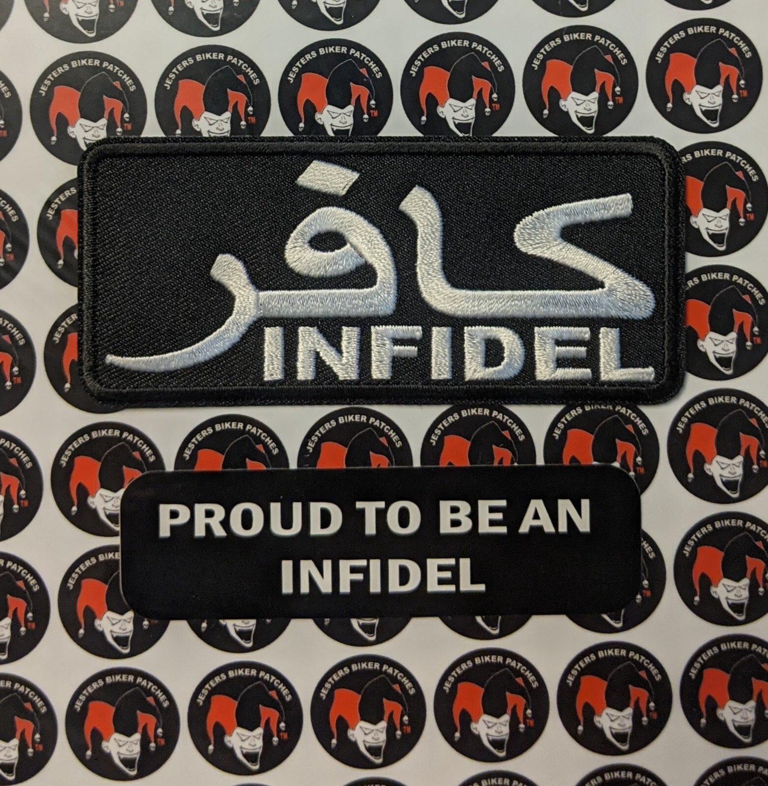 Infidel Black and White Embroidered Patch with Sticker
