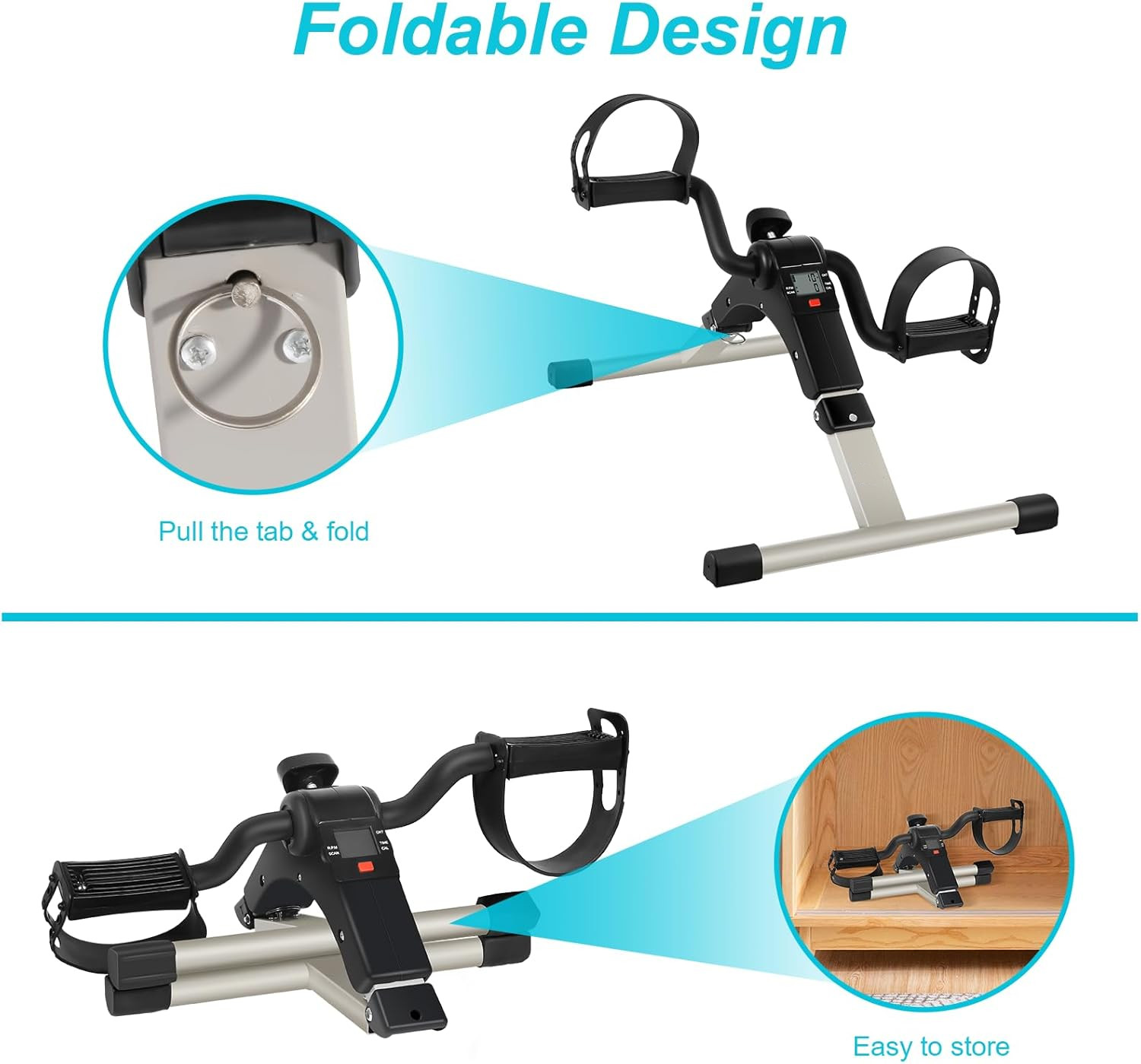 Foldable Mini Exercise Bike Under Desk Pedal Arm/Leg Trainer LCD Display Silver