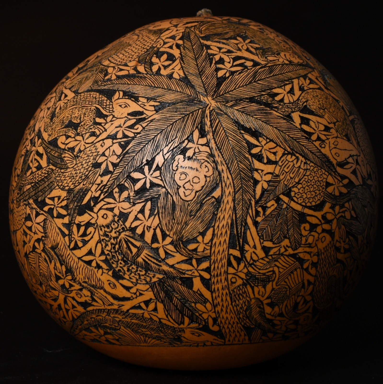 Large Folk Art Carved Gourd Jungle Animals Palm Trees hand carved Sacred Valley
