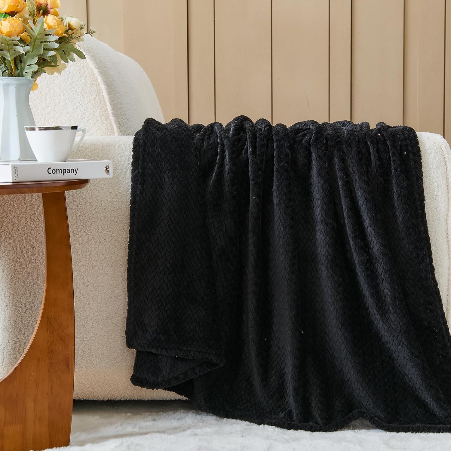 Super Soft Queen Blanket Black Premium Silky Flannel Fleece Leaves Pattern
