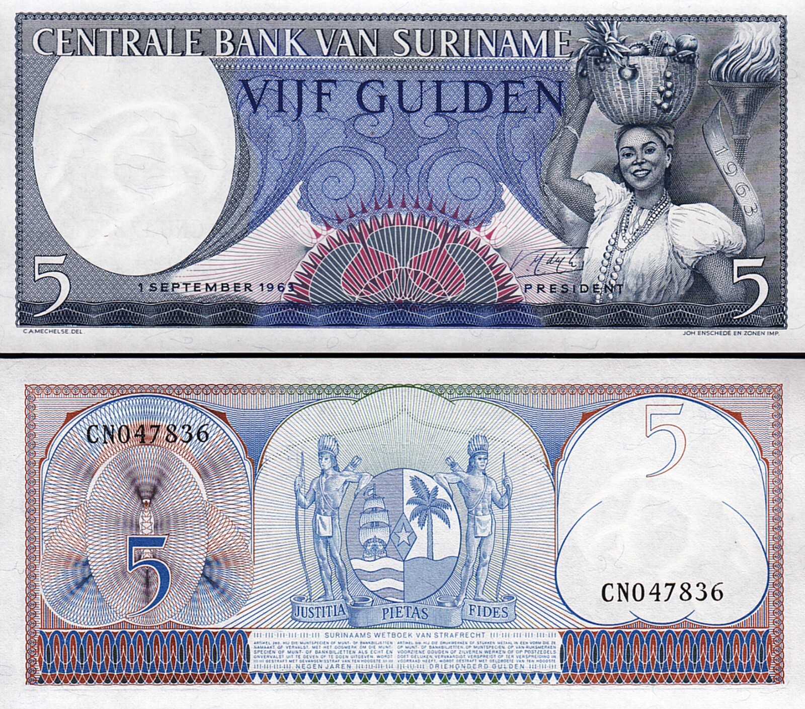 Surinam Suriname 5 Gulden 1963, UNC- P-120b