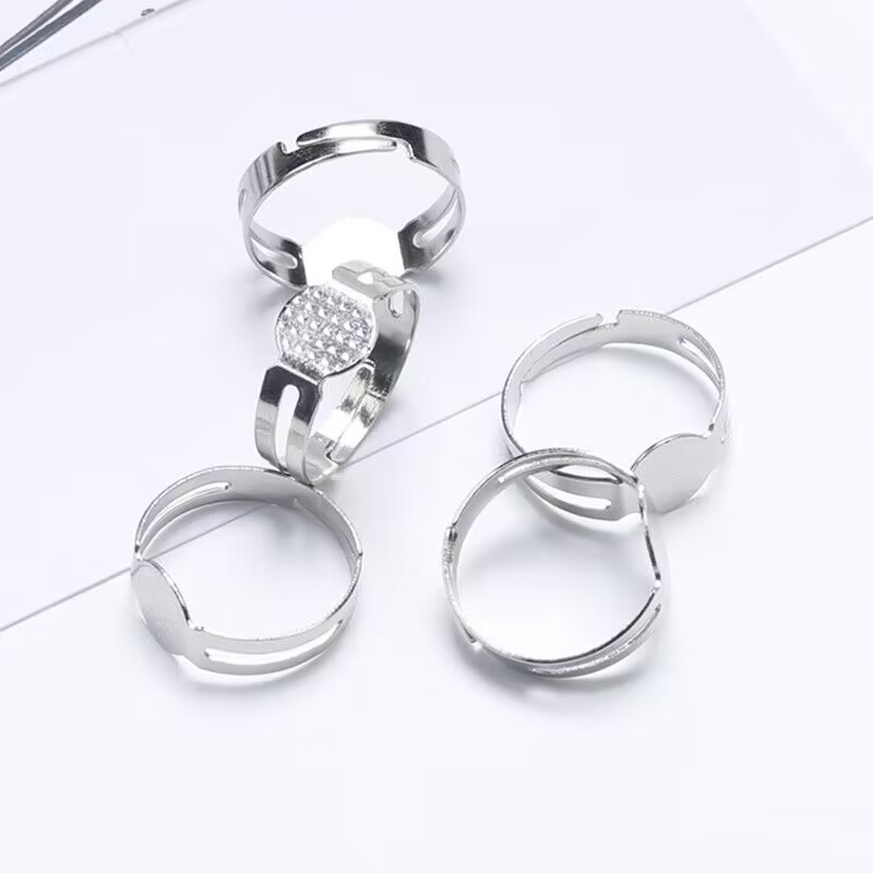 50 Silver Adjustable Ring Blank GLUE ON Base 8mm PAD Craft Jewelry Making