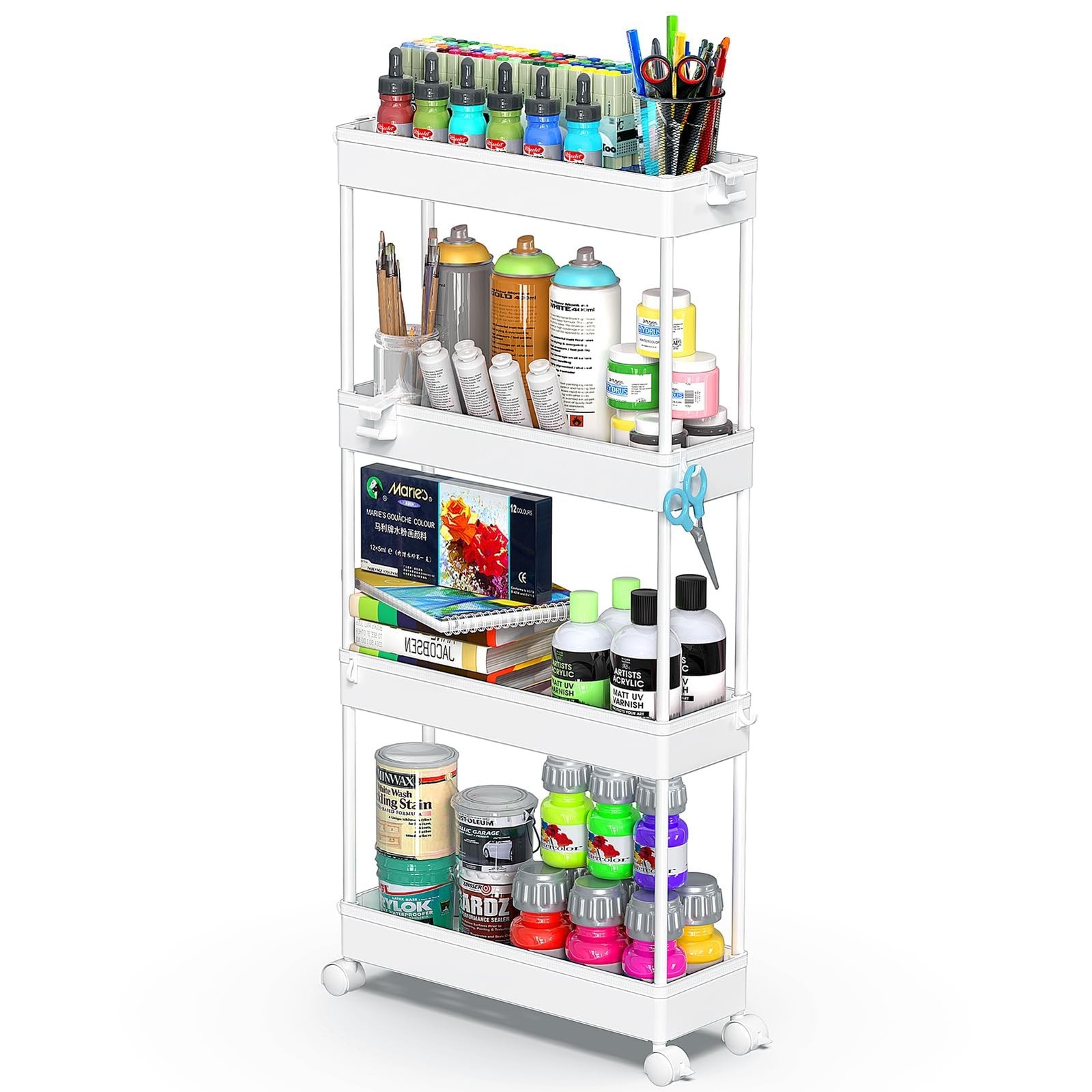 Narrow Space Storage Cart, 4 Tier Mobile Organizer Rolling Rack, White