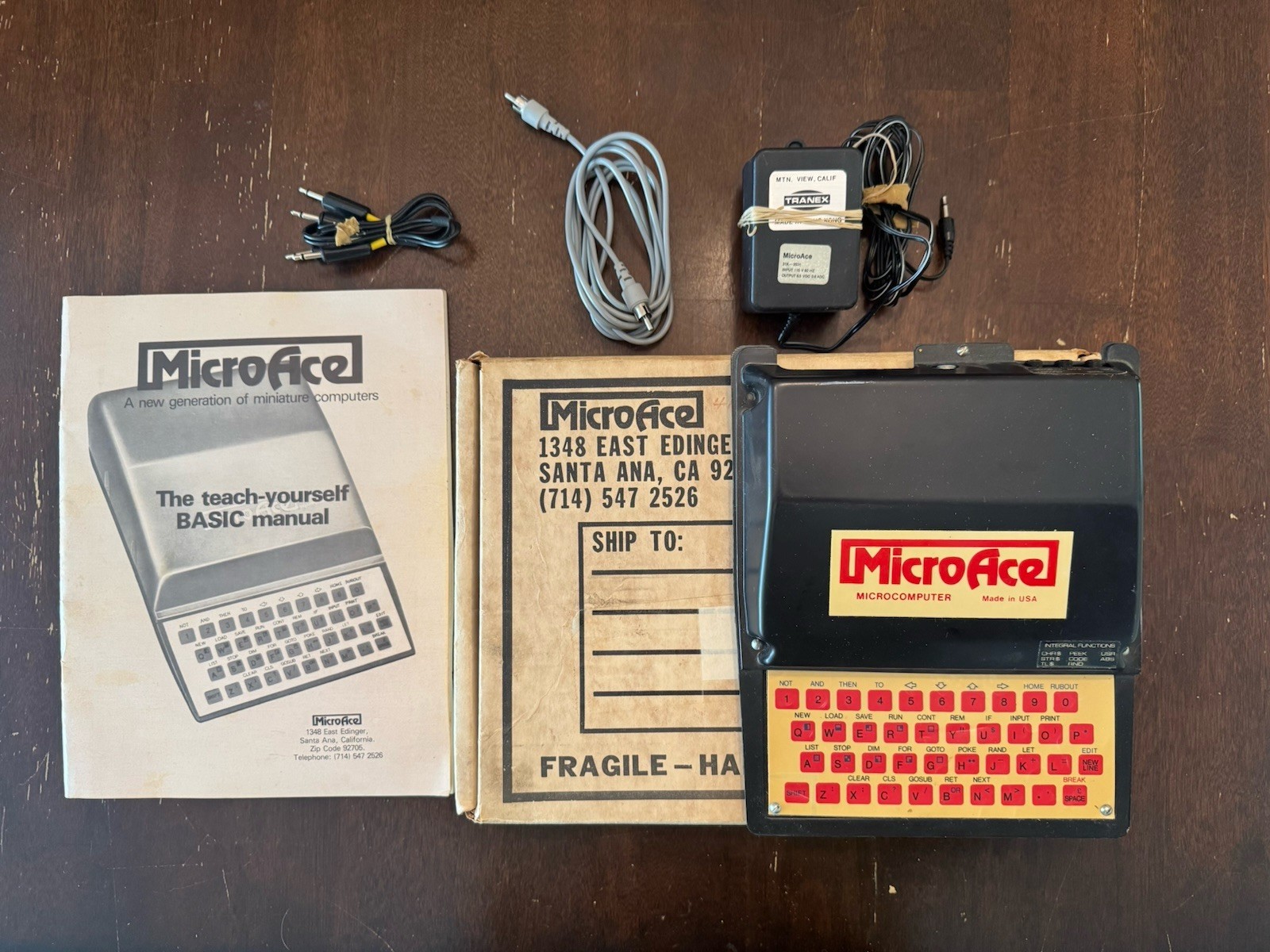1980 MICRO ACE Z80 MICROCOMPUTER W/ DATA CABLE, POWER SUPPLY OG BOX INSTRUCTIONS
