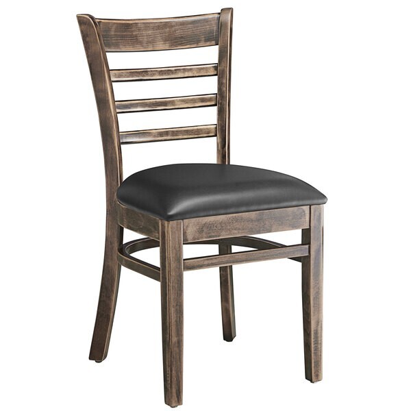 Vintage Wood Finish Ladder Back Restaurant Chair with Black Vinyl Seat