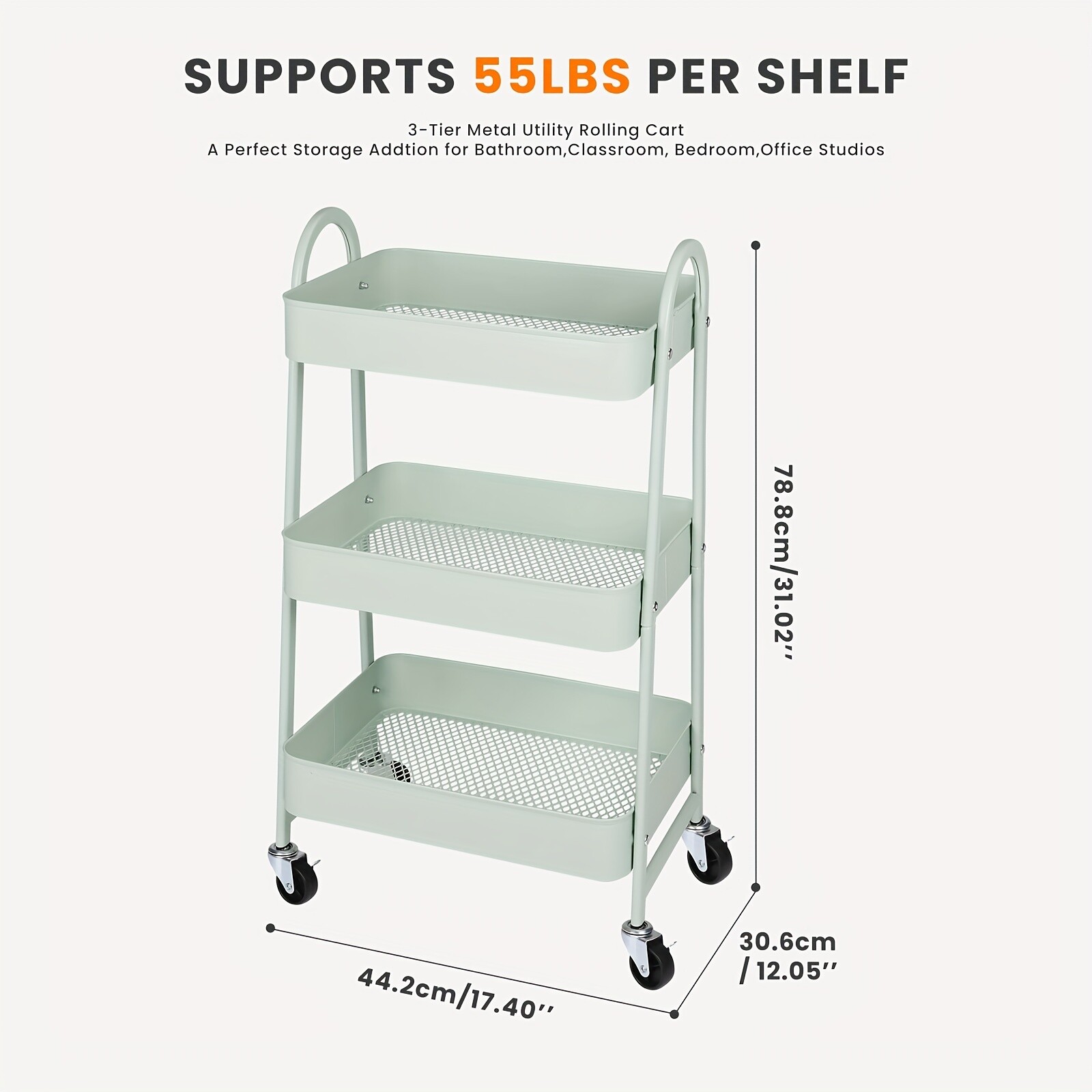 3-Tier Rolling Kitchen Cart, Metal Frame with Plastic Wheels, Space-Saving