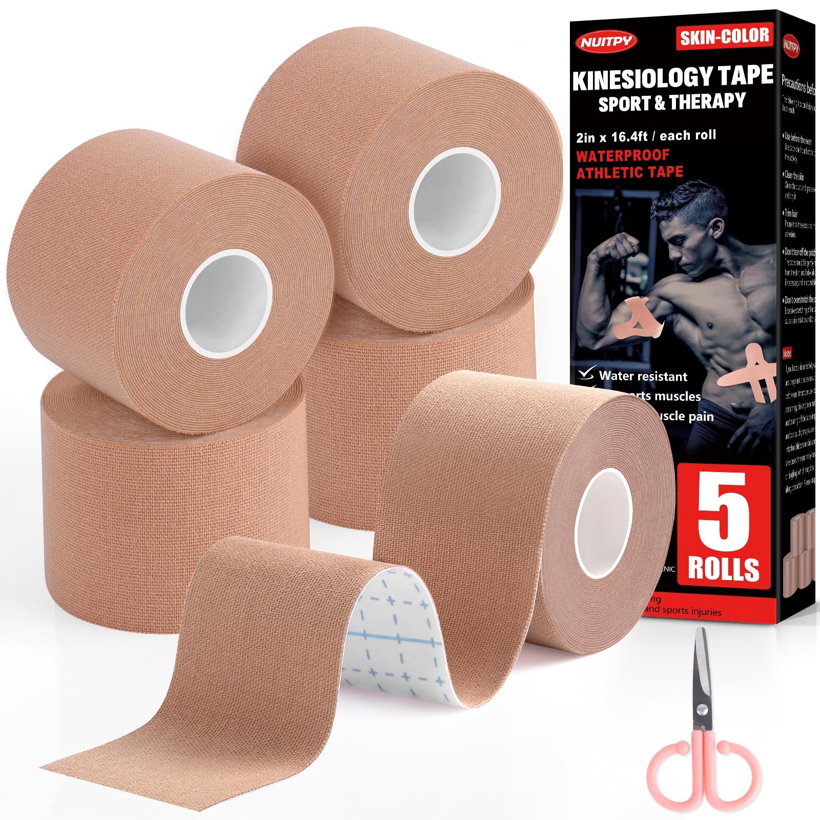 5 Rolls Kinesiology Tape, 2 inch x 16.4 Feet 2 in x feet, Skin Color