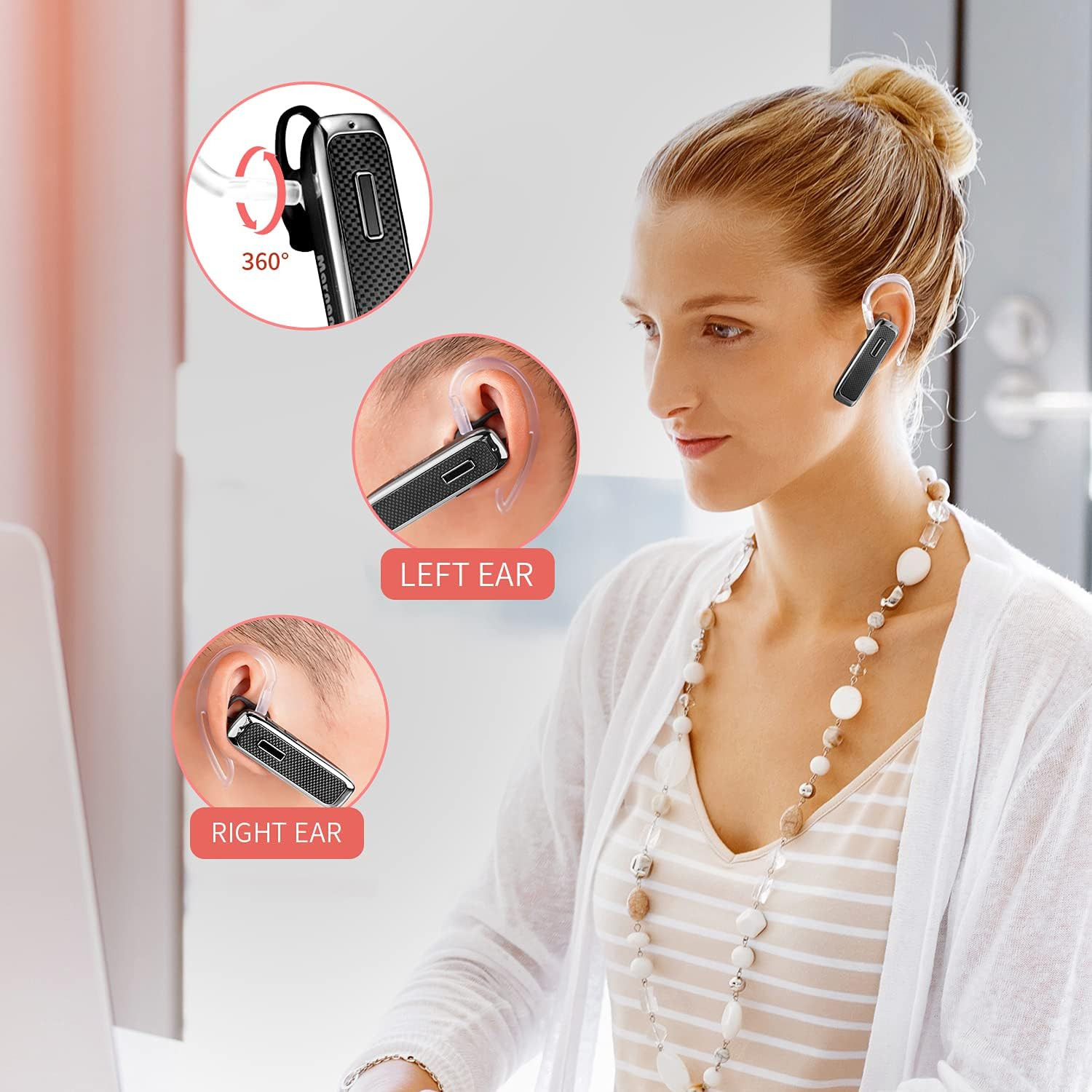 Bluetooth Headset, Hands-Free Wreless Bluetooth Earpiece with 18 Hours Playtime