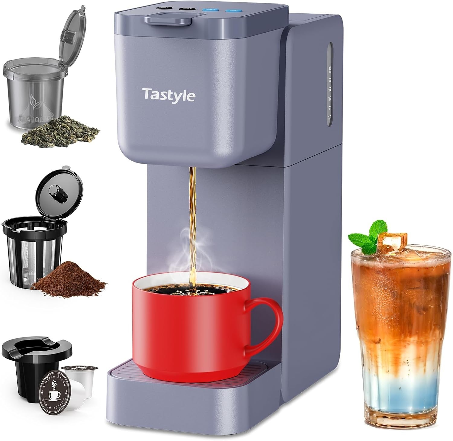 Tastyle Single Serve Coffee Maker K-Cup & Ground 6-16oz Hot/Iced Compact Gray