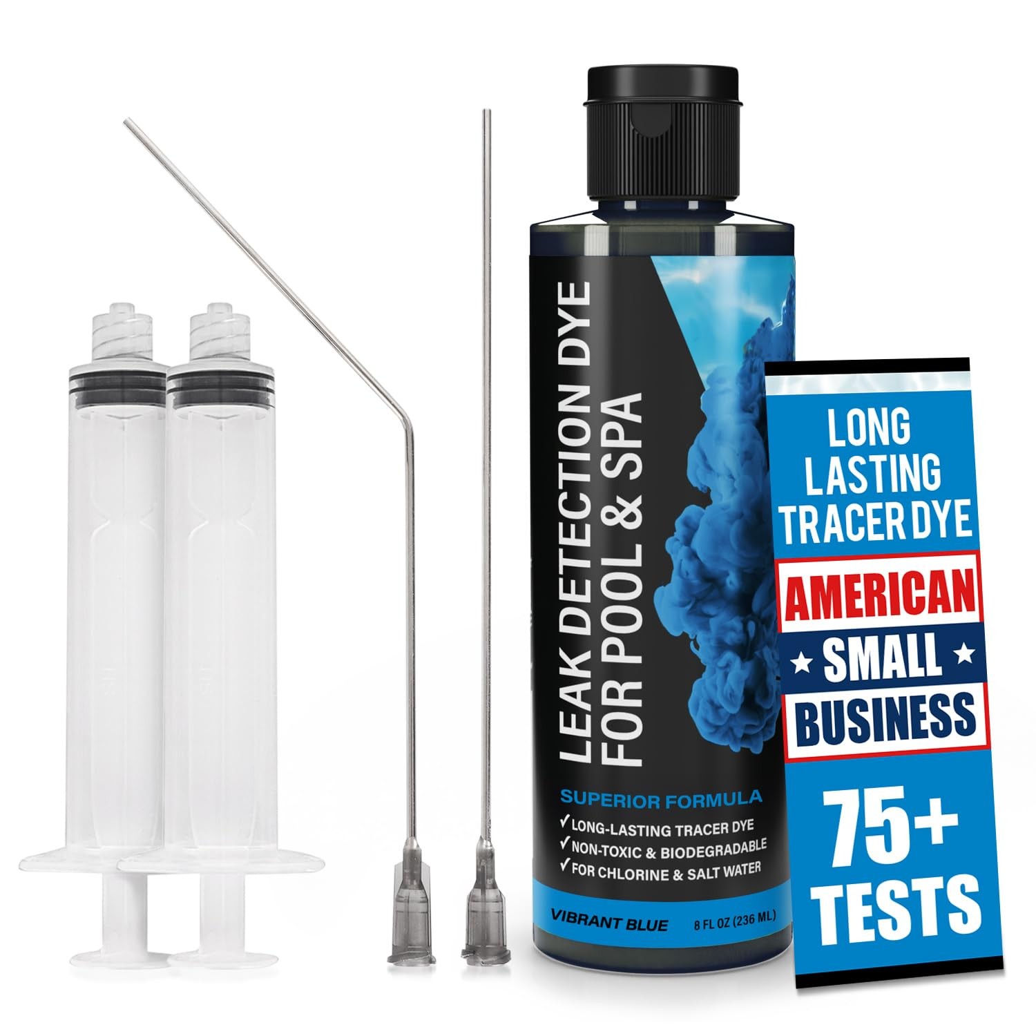 Pool Leak Detection Dye Kit - 75+ Tests - 2 Stainless Steel Vibrant Blue