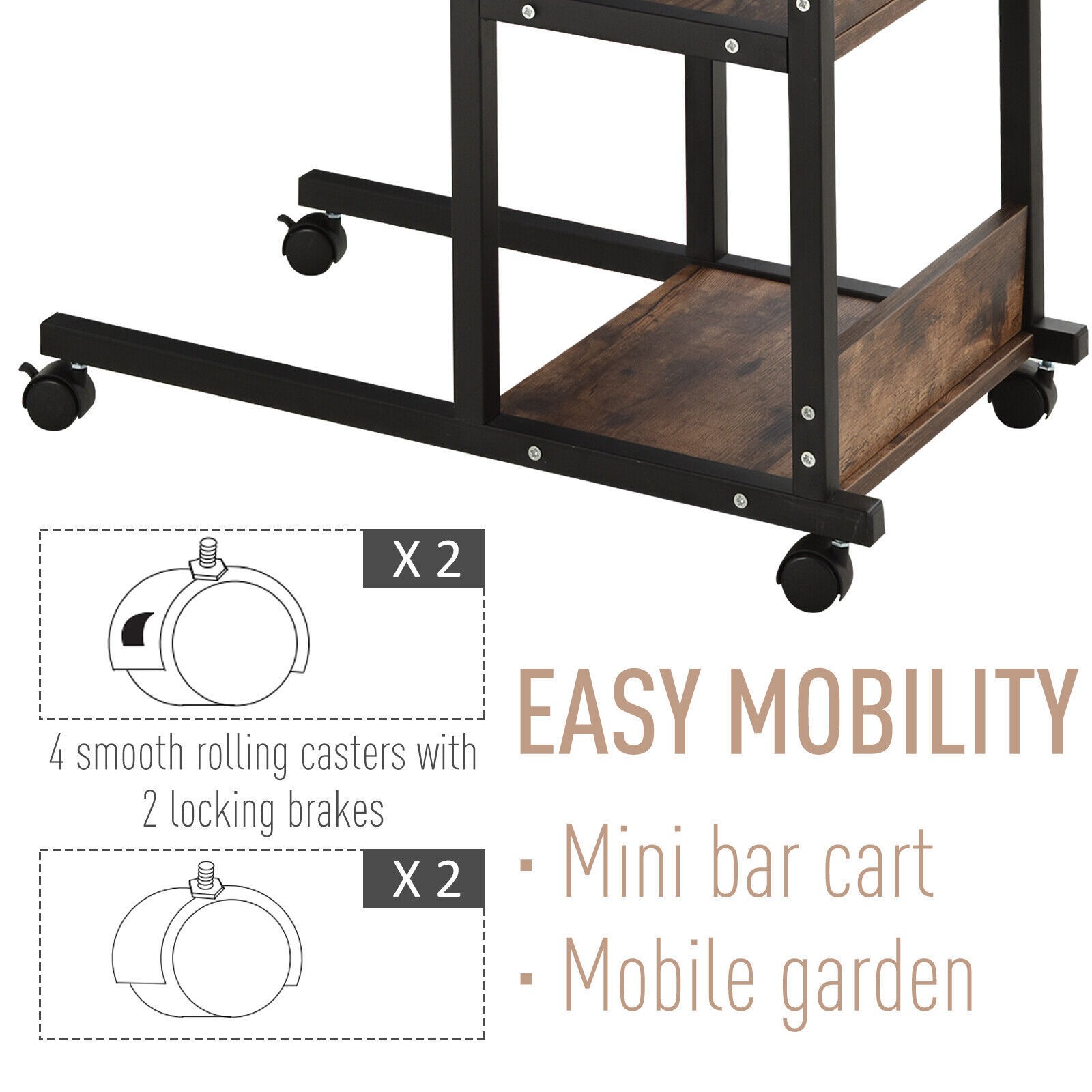 C-Shaped Mobile Sofa Bed Side Table 3-Tier Storage Shelving Cart Adjust Height