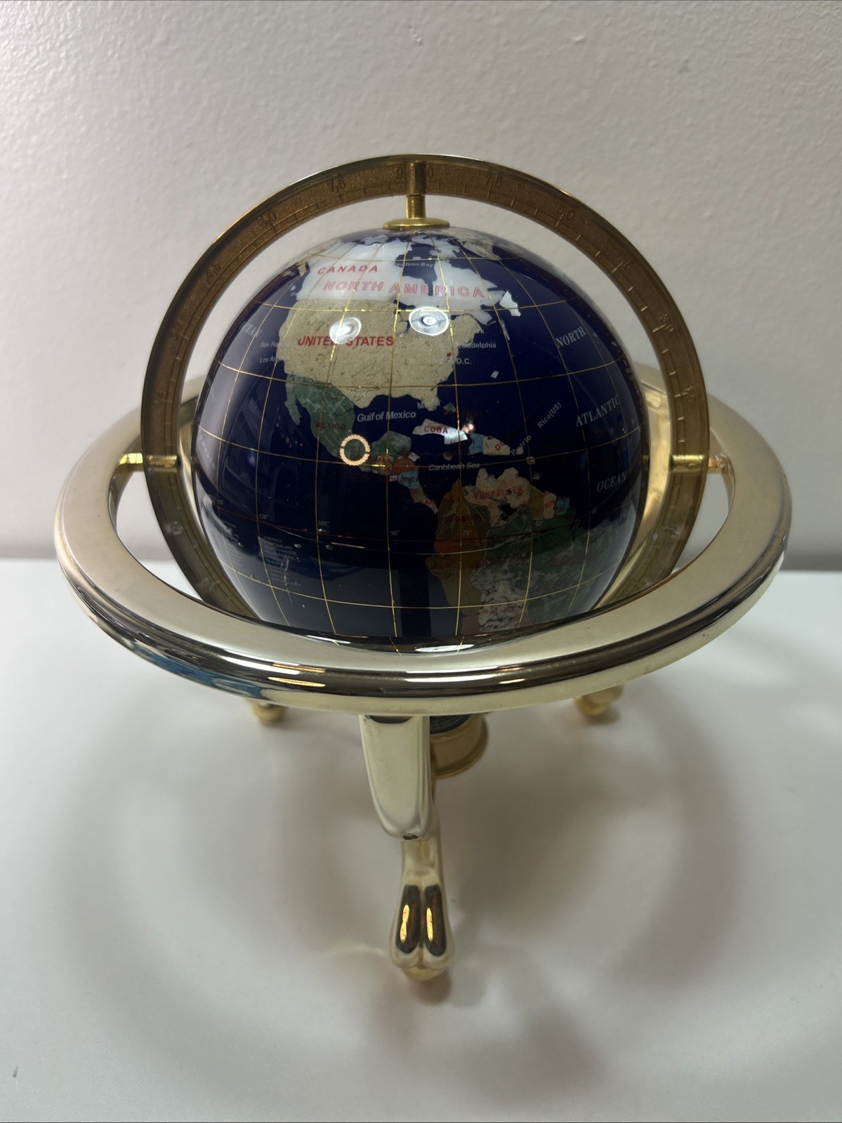 Globe Blue Ocean Gold Tone 3 Leg Table Stand Gen MOP World Map GEM STONE
