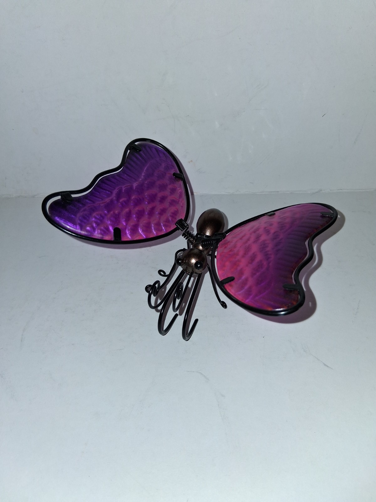 Metal Art Stain Glass Butterfly w/ Springy Violet Wings Free Standing 5 x 3.5in.
