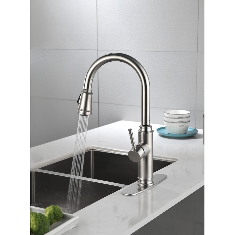 Single Handle High Arc Pull Out Kitchen Faucet Single Level Stainless Steel