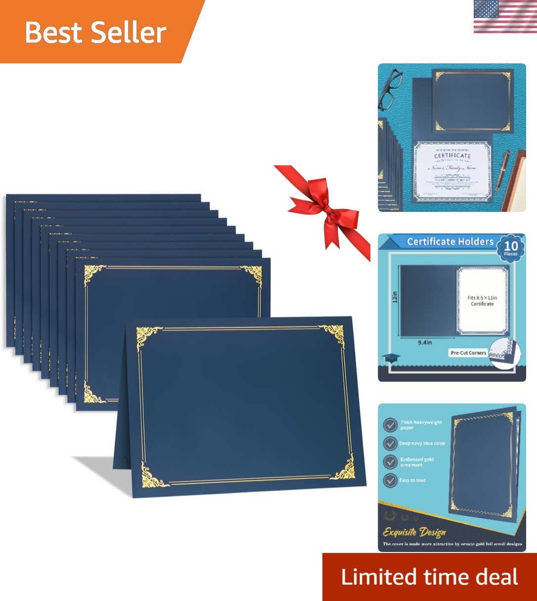 Classic 10 Pack Navy Blue Diploma Holders with Gold Foil Edging for Significance