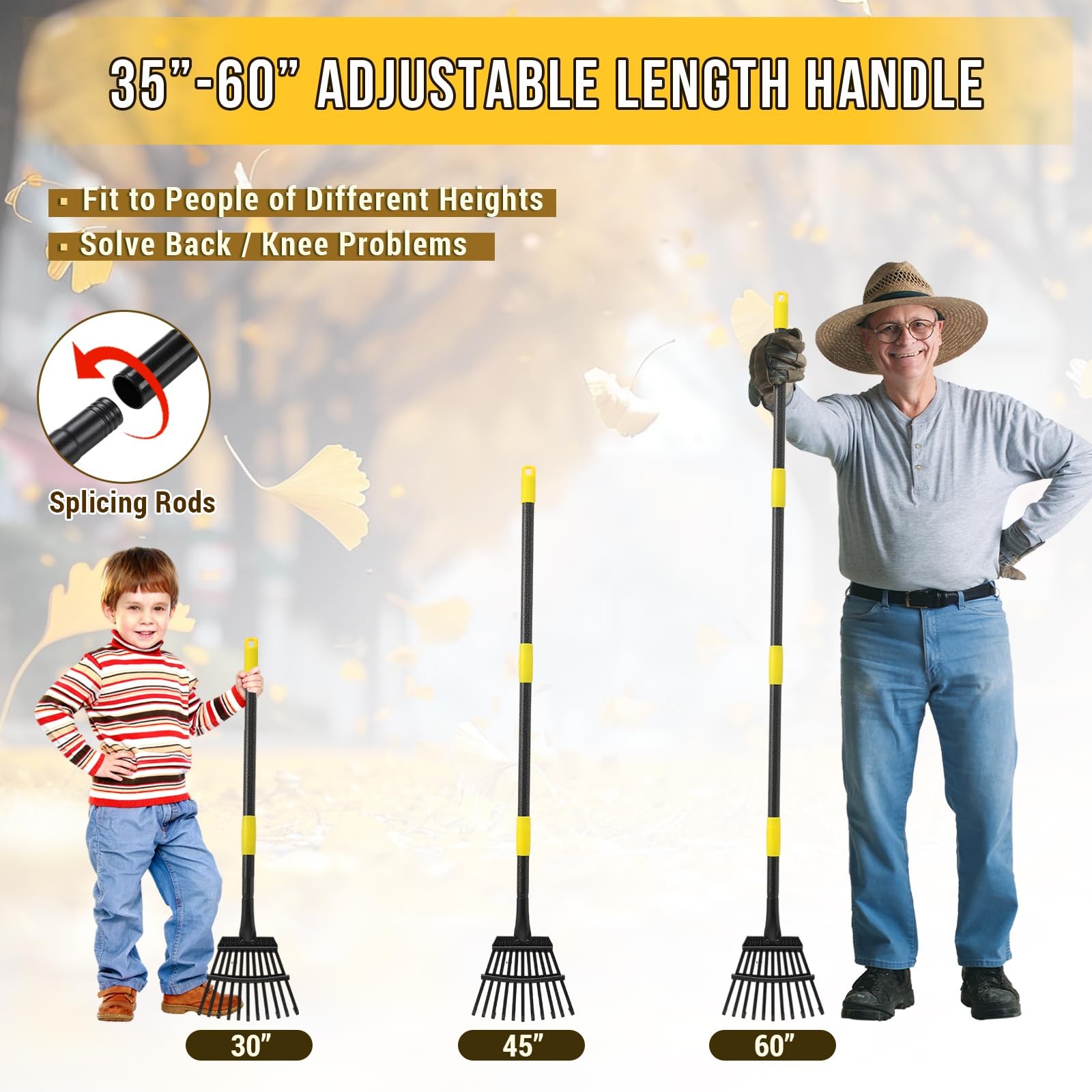 Leaf Rake, Small Rake for Leaves with 30"-60" Adjustable Long Handle, 11 Tine...