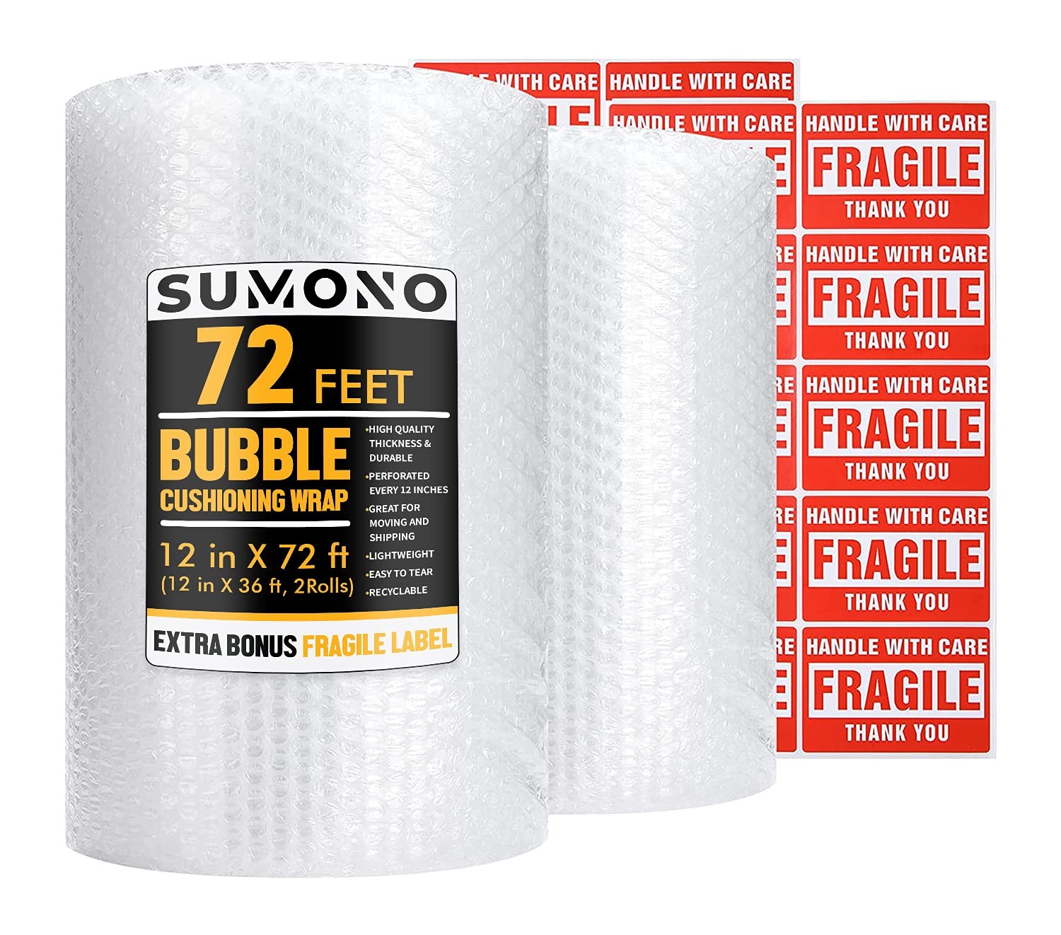 Bubble Cushioning Wrap Roll 12 Inch x 72 Feet Pack Perforated Fragile Labels