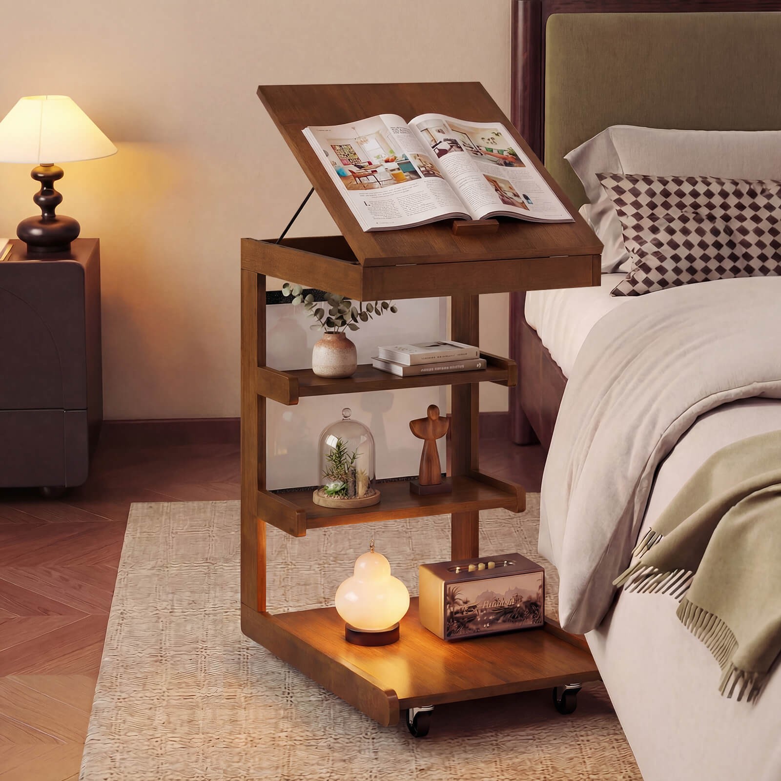 2PCS C-shaped End Table w/Wheels Adjustable Desktop Edge Stopper Storage Pocket