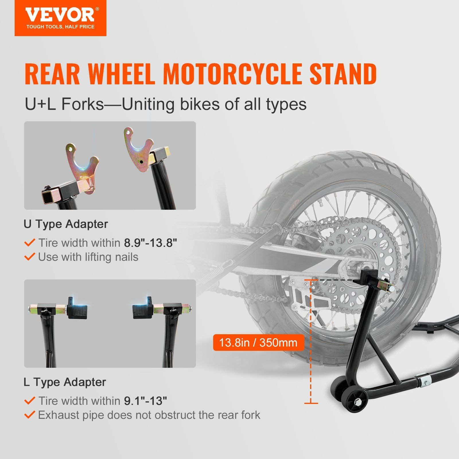 Motorcycle Rear Jack Stand 850lb Capacity with Interchangeable Forks Black