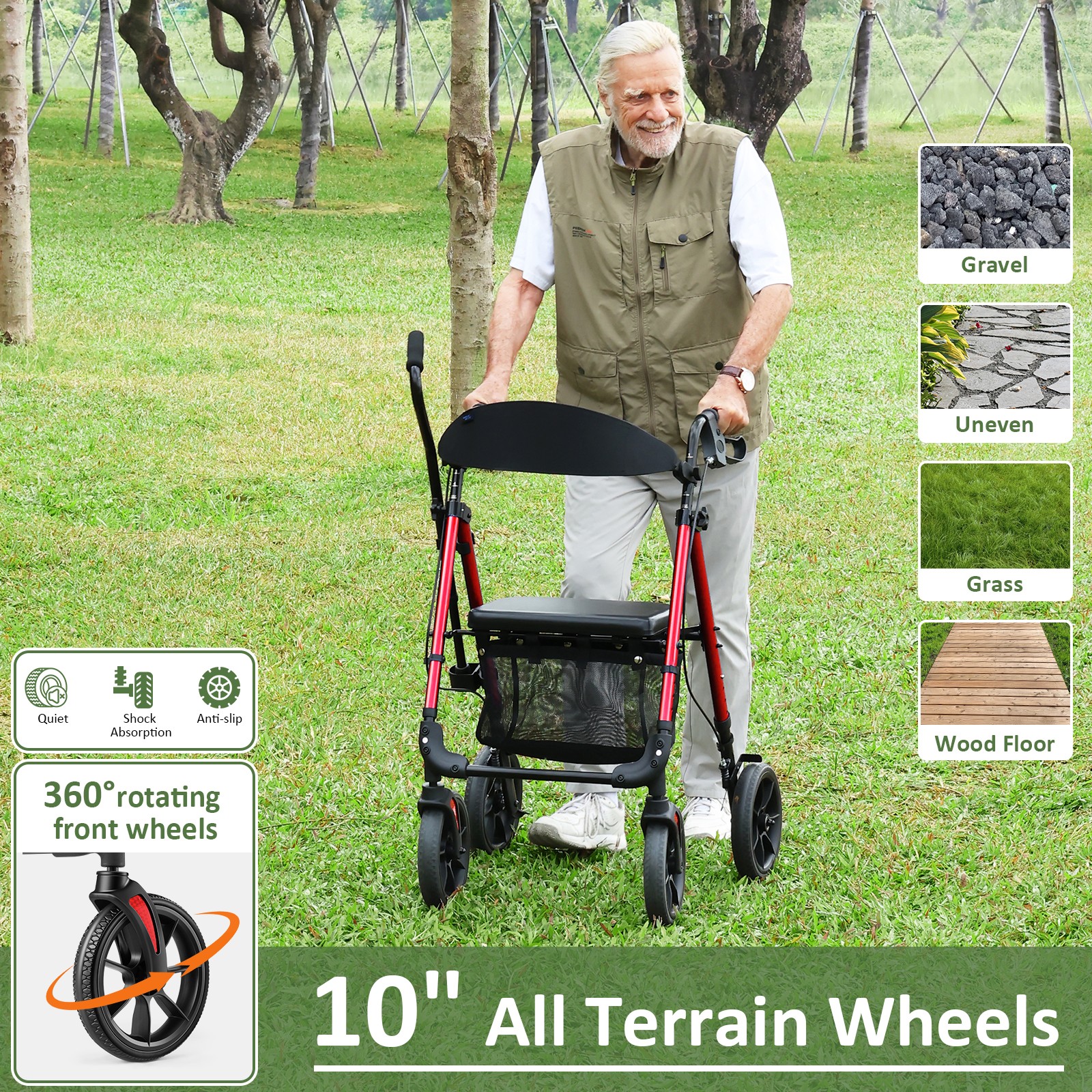 Rollator Walker with 10" Big Wheels - All Terrain, Foldable Adjustable,Reinforce