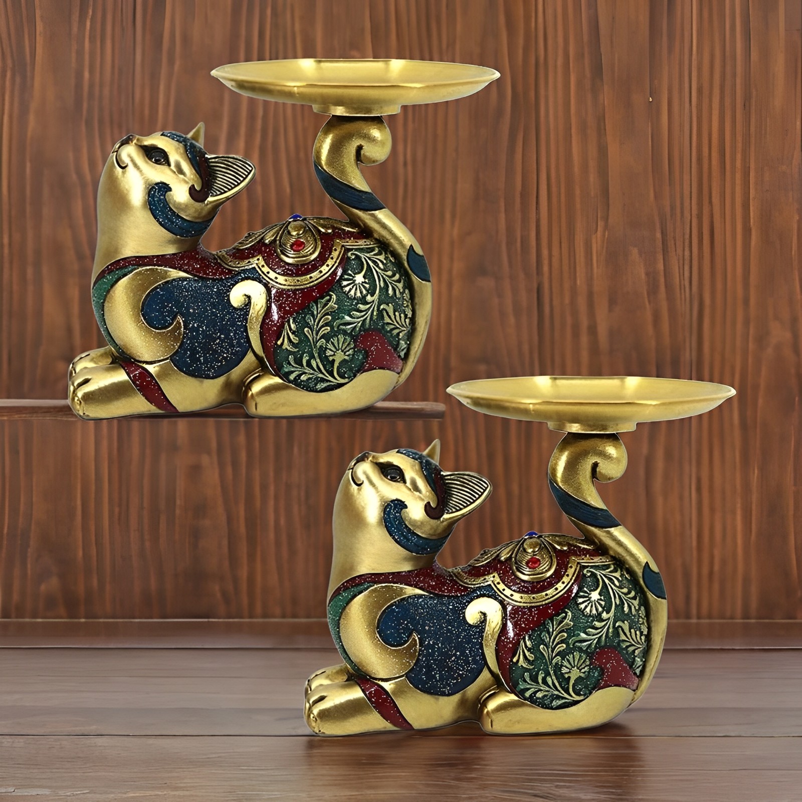 2-PC Gift Set 7"W Gold and Red Cat Figurine Ornament Home Decor Unique Gift