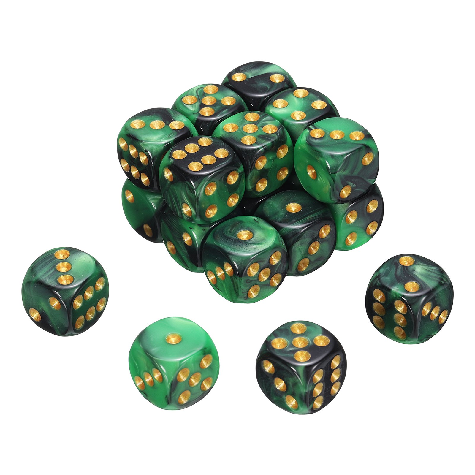 20Pcs 6 Sided Standard Dice, Acrylic D6 Pearl Pattern Dice (Green and Black)