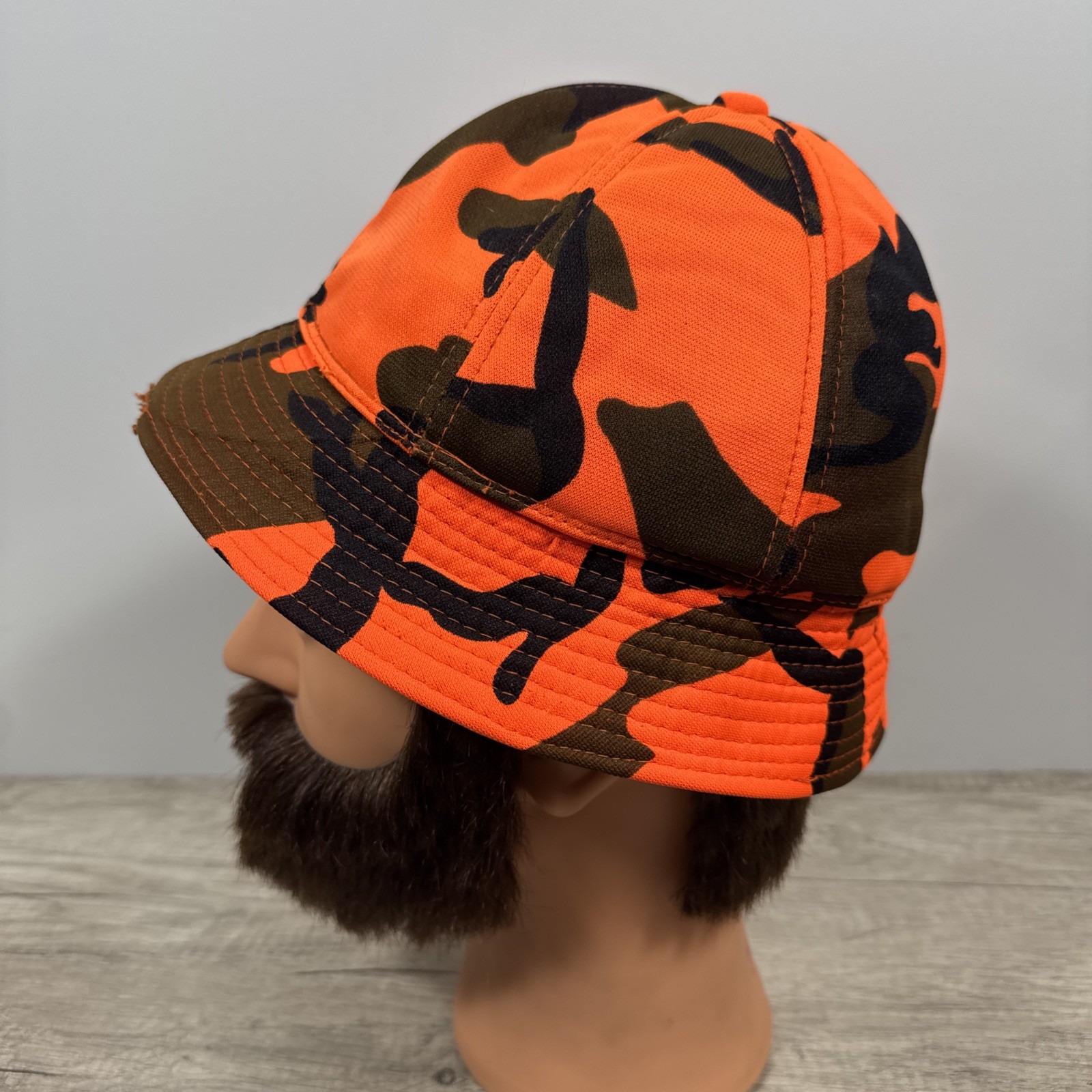 VTG S Orange Camo Jones Hunting Bucket Fedora Hat Insulated Ear Flaps Distressed
