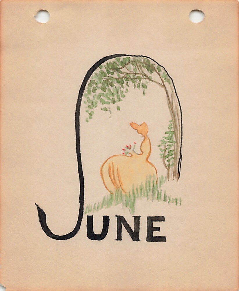 1926 Janet Robinson Calendar Page June Title Woman Tree Blossoms Silhouette