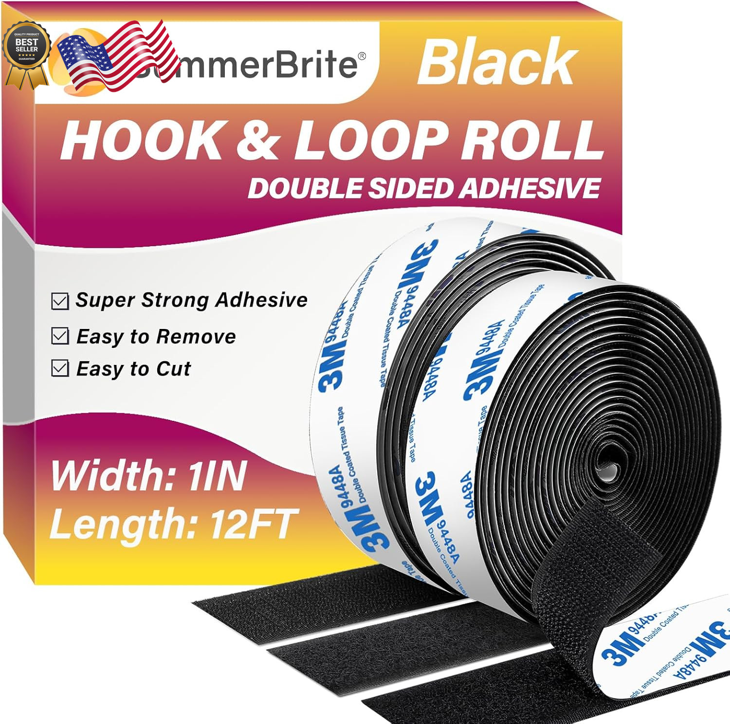 12Ft x 1 Inch Hook and Loop Tape Heavy Duty Double-Sided Adhesive Strips Strong
