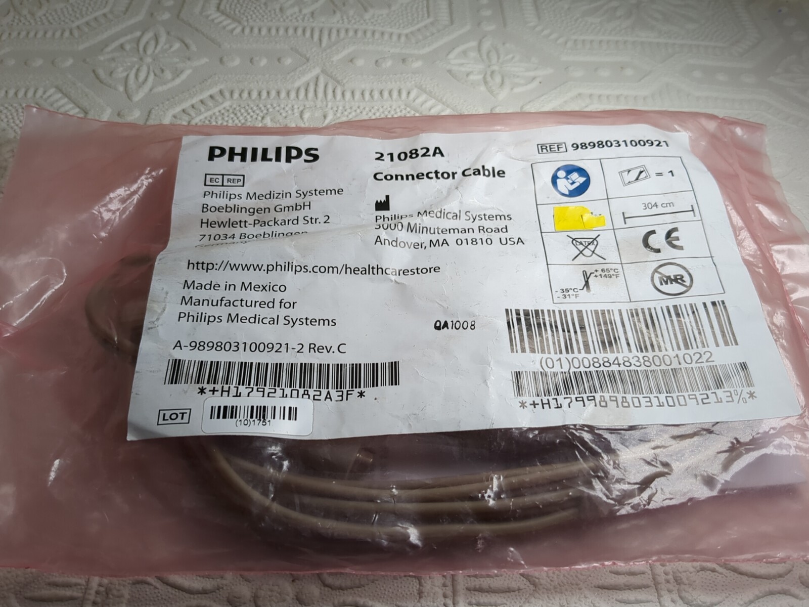PHILIPS 21082A- CONNECTOR CABLE - 989803100921, 10ft, Sealed & New