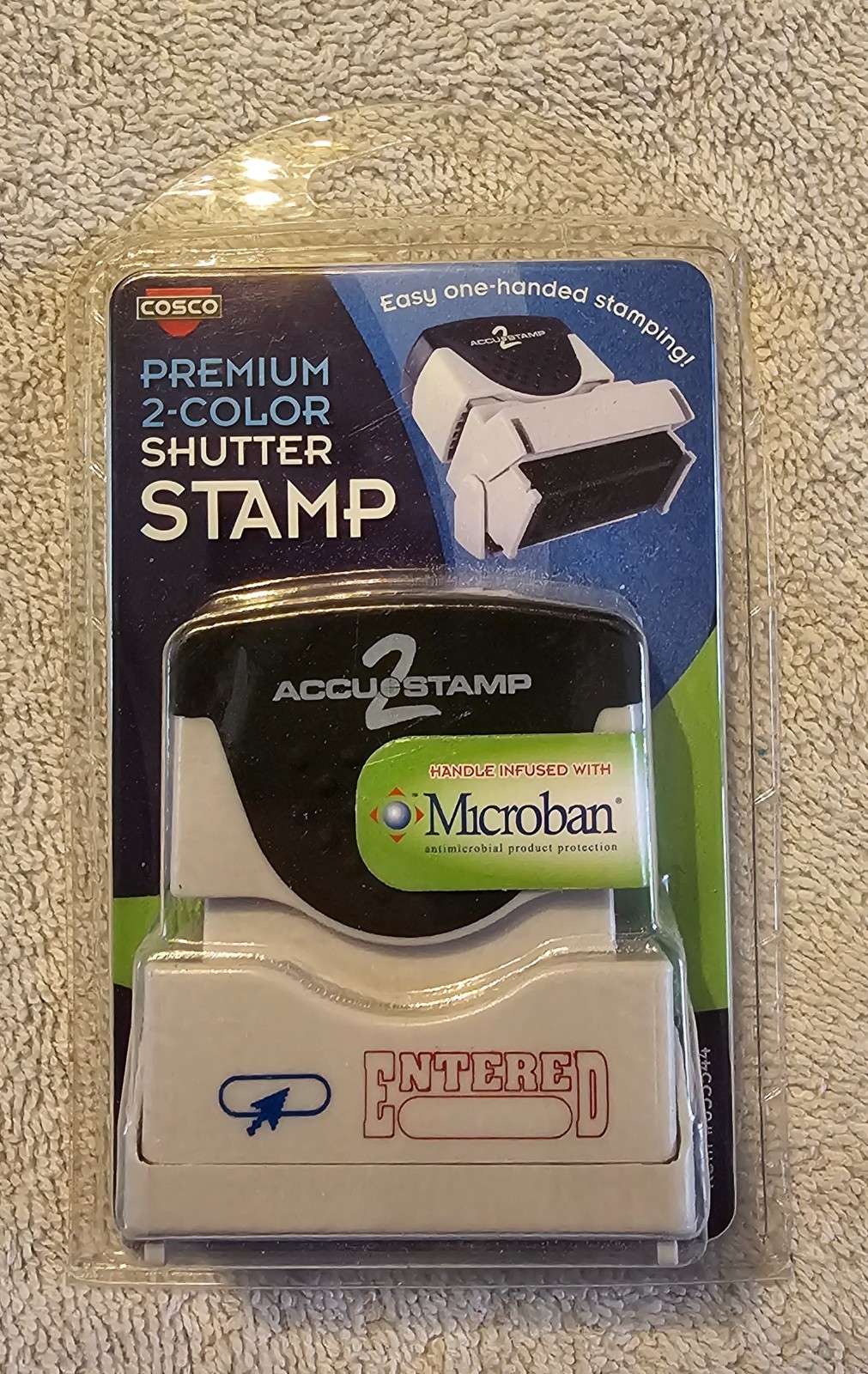 NEW COSCO ACCUSTAMP 2 SHUTTERED 2 COLOR RED/BLUE “ENTERED” 035544